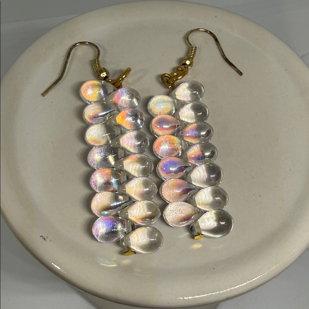 Elegant Gold tone and Iridescent glass Drop pierced Earrings springtime glam